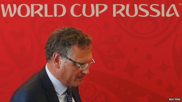 FIFA Secretary General Jerome Valcke walks away after attending a news conference in the southern city of Samara, Russia on 10 June