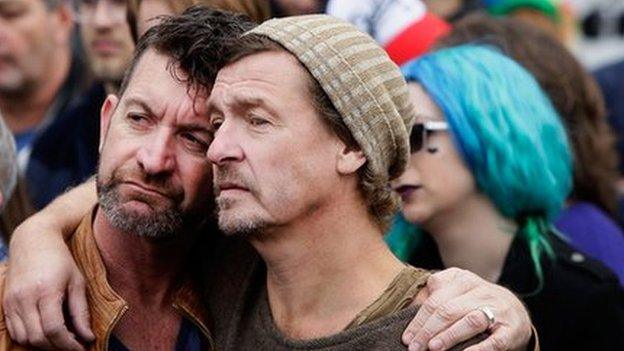 A couple hold each other during a rally at Taylor Square in support of Marriage Equality on May 31, 2015 in Sydney, Australia