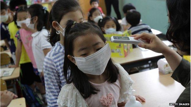 A teacher checks the temperature of a student as they wear masks as a precaution against the Mers virus at Midlong Elementary on 9 June 2015 in Seoul, South Korea