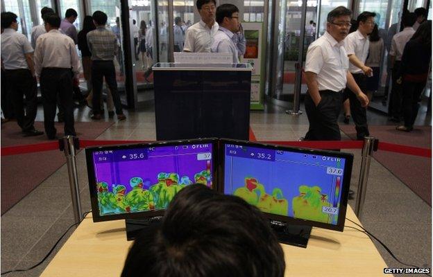 A thermal camera monitor shows the body temperature of visitors at the business complex on 9 June 2015 in Seoul, South Korea.