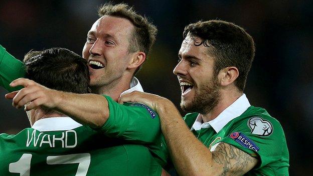 Aiden McGeady and Robbie Brady celebrate after the Republic's win over Georgia last September