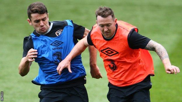 Robbie Brady and Aiden McGeady during a Republic training session last week