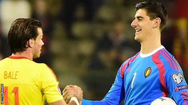 Wales' Gareth Bale (left) and Belgium keeper Thibaut Courtois