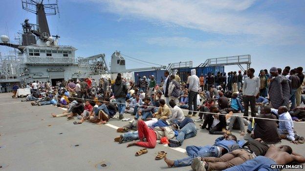 Migrants aboard HMS Bulwark, having been rescued by Royal Marines following their attempt to reach Italy by boat from Libya