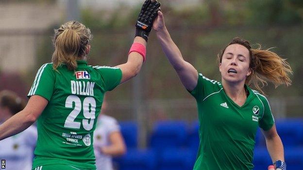 Anna O'Flanagan (right) pulled a goal back for Ireland's goal in Thursday's 3-1 defeat by Germany