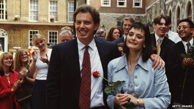 Tony Blair and his wife Cherie celebrate on the day he was elected as Labour Party Leader, 21 July 1994