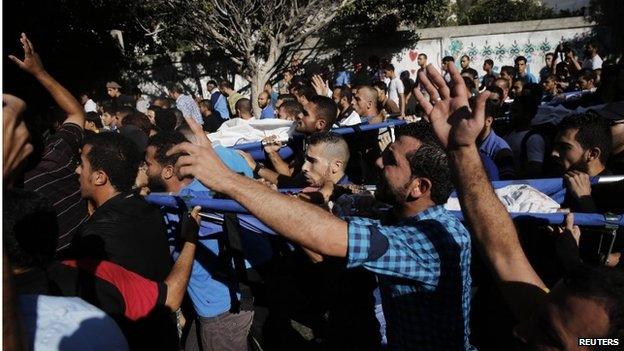 Mourners carry bodies of children killed in Israeli strike on Gaza beach (16/07/14)