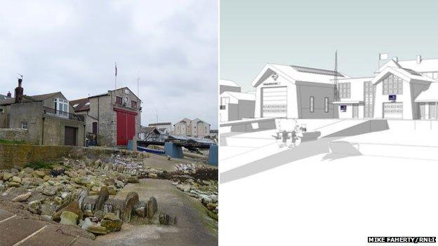 Swanage lifeboat station and an artist's impression of how it will look after the revamp