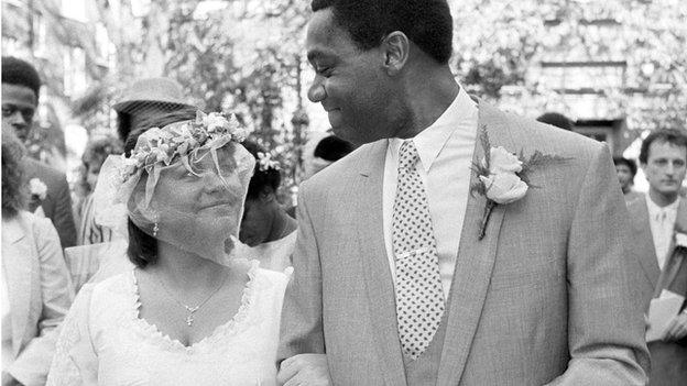 Sir Lenny Henry and Dawn French on their wedding day at St. Paul"s Church in Covent Garden