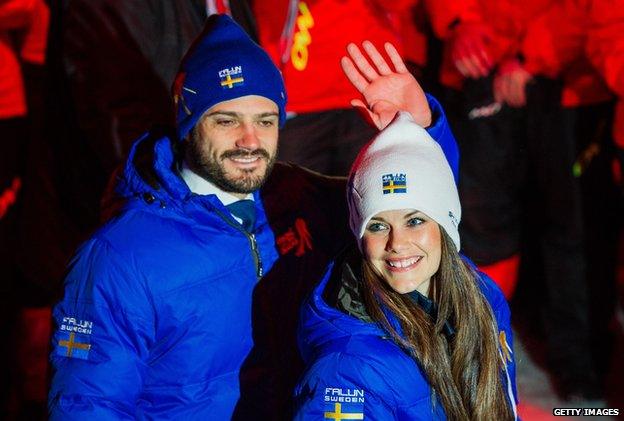 Prince Carl Philip of Sweden and Sofia Hellqvist attend the Opening Ceremony of the FIS Nordic World Ski Championships at the Lugnet venue in February 2015 in Falun, Sweden