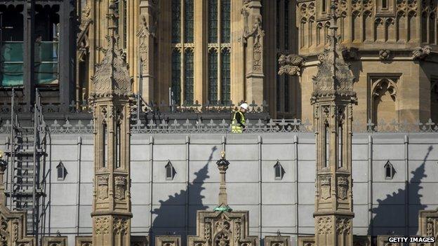 Workman on roof of Parliament