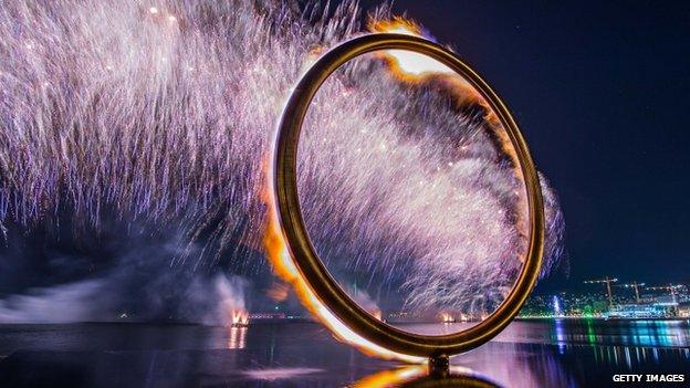 A cauldron is lit at the start of the European Games