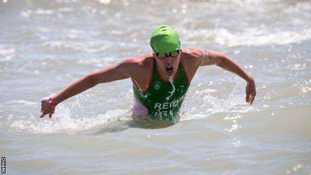 Aileen Reid completes the swim section in Baku