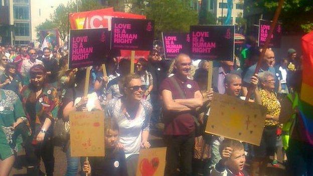 The march began at Writer's Square and headed to Belfast City Hall