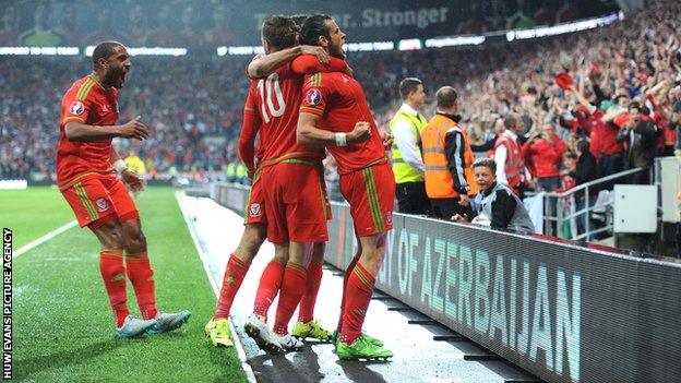 Wales fans celebrate with goal-scorer Gareth Bale in the win over Belgium