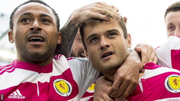 Ikechi Anya and Shaun Maloney celebrate Scotland's equaliser