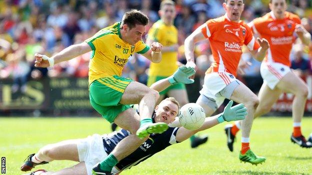 Martin O'Reilly scores Donegal's second goal against Armagh