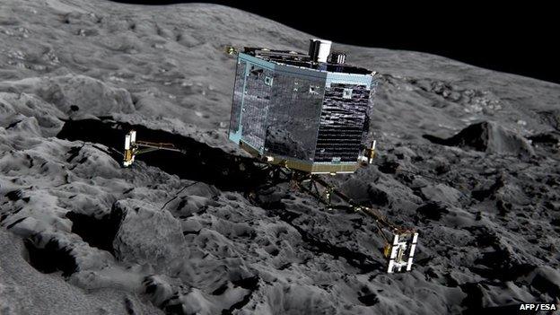 An artists' impression of Rosettas lander Philae (front view) on the surface of comet 67P/Churyumov-Gerasimenko, 20 December 2013