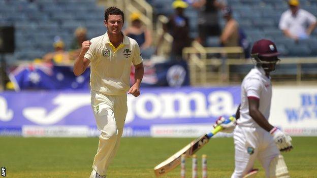 Josh Hazlewood celebrates the wicket of Jermaine Blackwood