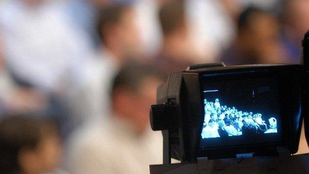 Studio audience seen in the viewing monitor (viewfinder) of a digital television camera during a recording