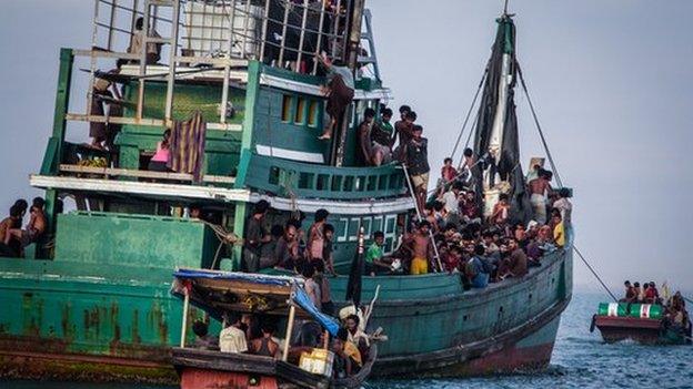 Rohingya migrants resting on a boat off the coast near Kuala Simpang Tiga in Indonesia's East Aceh district of Aceh province before being rescued, May 2015.