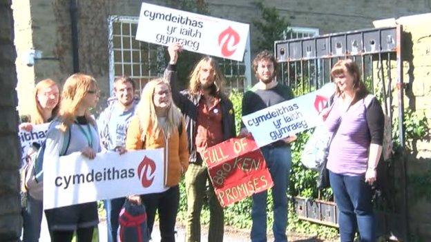 Protestors outside Pantycelyn halls