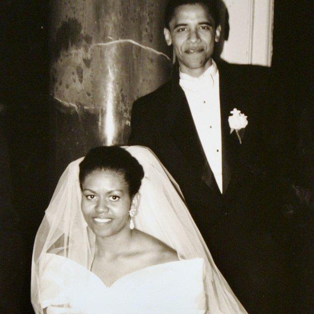 Michelle and Barack Obama on their wedding day