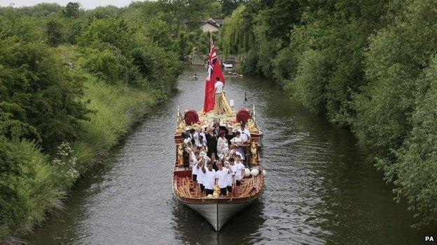 The Royal Barge Gloriana on the River Thames passes through Old Windsor Lock to mark the 800th anniversary of the sealing of the Magna Carta