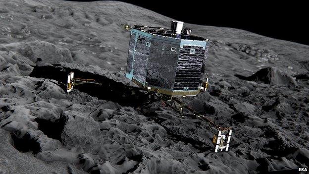 Artist impression (CGI) shows Rosetta's lander Philae (front view) on the surface of comet 67P