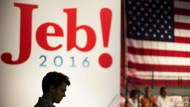 Campaign intern Jack Nalen hands out signs at Miami Dade College in Miami, Monday, June 15, 2015, before former Florida Gov. Jeb Bush is expected to formally join the race for president with a speech.