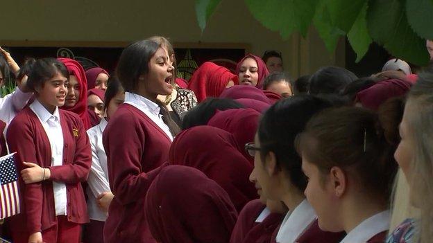 Children at the school sang and performed for the US’s First Lady when she arrived.