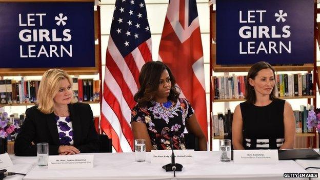 Michelle Obama took part in a meeting with international development secretary Justine Greening and returned Peace Corps volunteer Bina Contreras