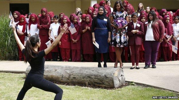 A dance performance was held for Mrs Obama as she arrived at the school