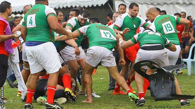 Algeria and Malaysia players at the 2015 Crescent Cup final