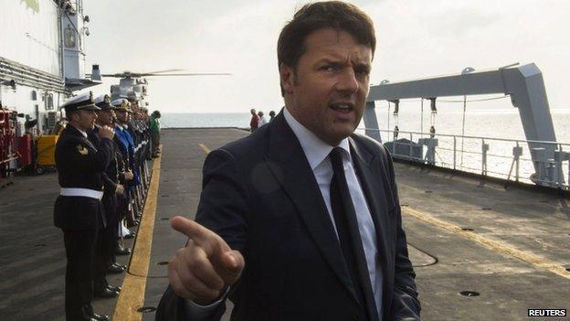 Matteo Renzi on board Italian naval ship (file pic)