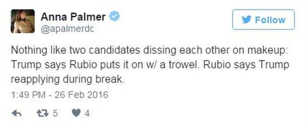 Tweet from Anna Palmer: Nothing like two candidates dissing each other on makeup