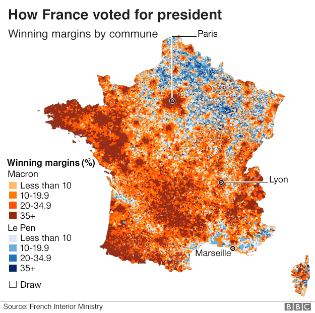 Map showing winning margins by commune