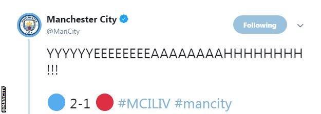 "Yyyyyeeeeeaaaahhhhh"! tweet Manchester City after Leroy Sane puts them ahead.