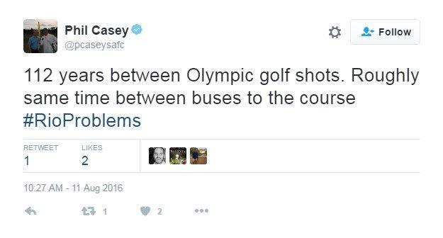 Tweet reads: "112 years between Olympic golf shots. Roughly same time between buses to the course #RioProblems"