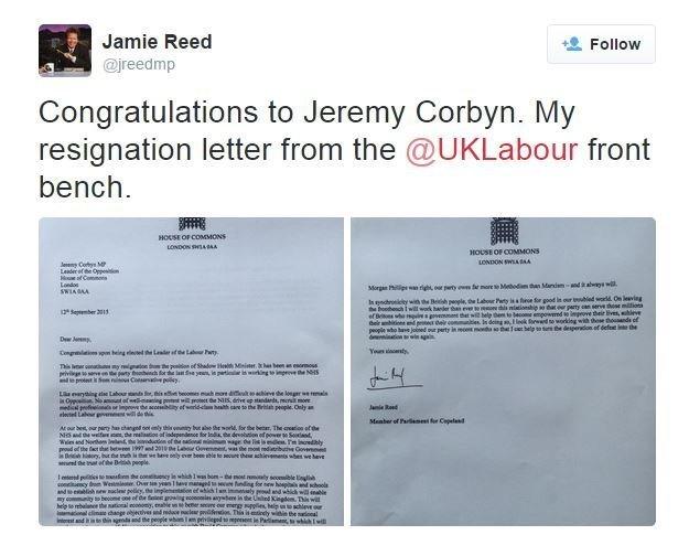 Jamie Reed MP tweets: Congratulations to Jeremy Corbyn. My resignation letter from the @UKLabour front bench.