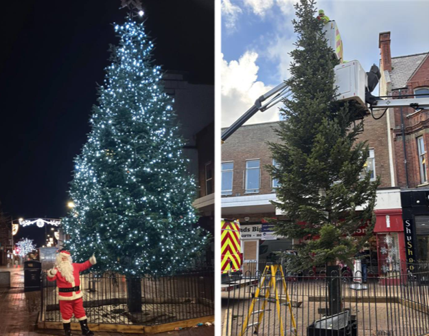 A composite of Santa standing by last year's tree with this year's Christmas tree