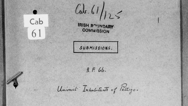 A black and white screengrab showing a cover page from a collection of submissions to the Irish Boundary Commision.  This collection is titled: "Unionist  Inhabitants of Pettigo". 