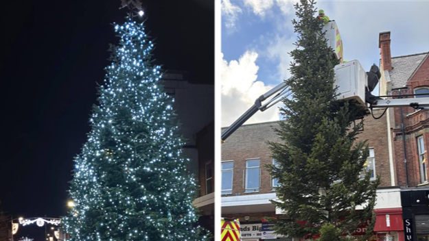 On the left, Santa Claus stands next to a lit-up Christmas tree at night time; on the right, this year's tree - pictured at daytime, shortly after being lowered into place - it is narrower and more spindly in structure than the tree on the left. 