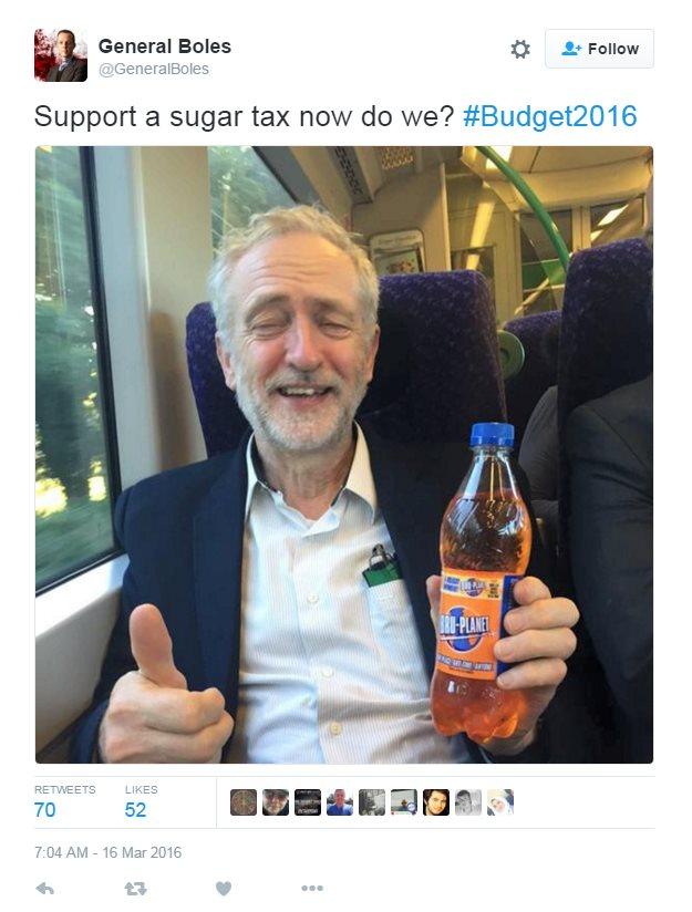 Tweet reads: "Support a sugar tax now do we? #Budget2016"