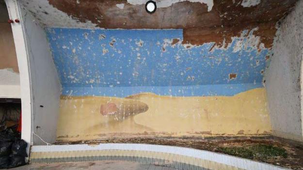 A desert mural inside the Oasis. It is covered in damp and mould.