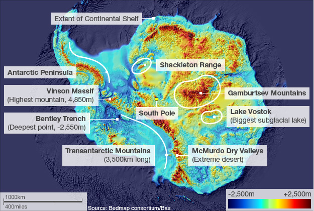 Antarctica showing height of mountains