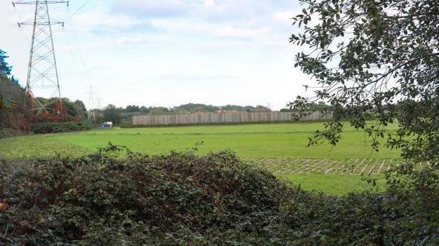 A view over a field with a fence visible in the background and a pylon visible on the left of the image