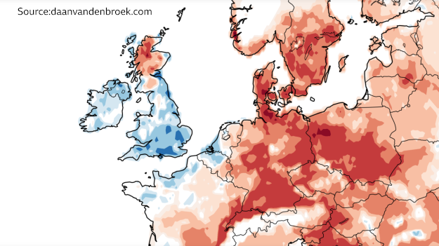 A map of Europe showing the difference in snow probability on Christmas Eve during 1991-2020 compared to 1951-1980. Much of Europe is red, showing snow probability has decreased, while the UK (other than Scotland) is mostly blue, where snow probability has increased