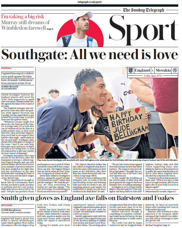 Lead sport page of the Sunday Telegraph on 30 June 2024