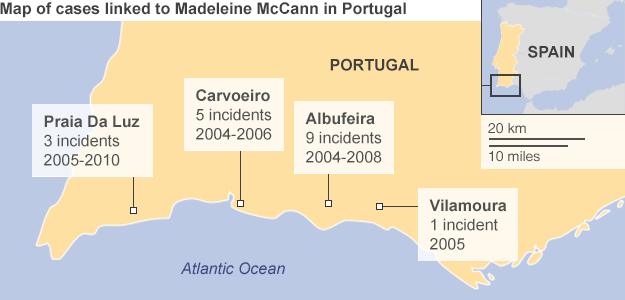 Map of cases linked to Madeleine McCann